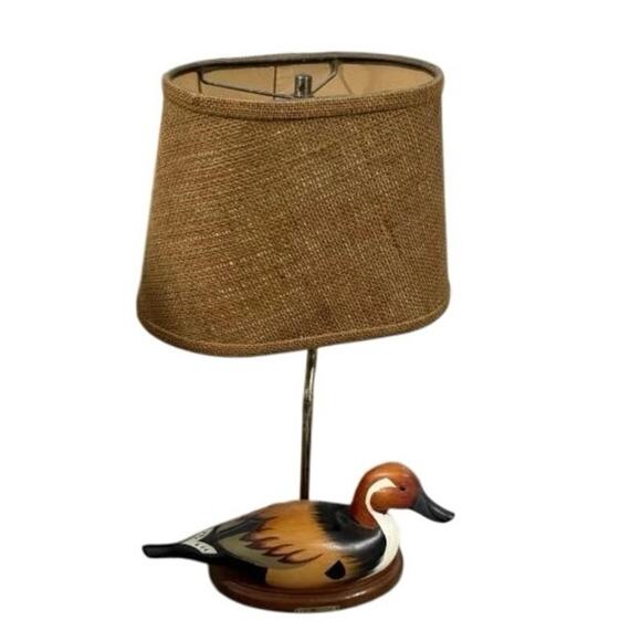 Vintage 18” Pintail Drake Duck Waterfowl Lamp Burlap Shade Made In USA - Picture 1 of 5